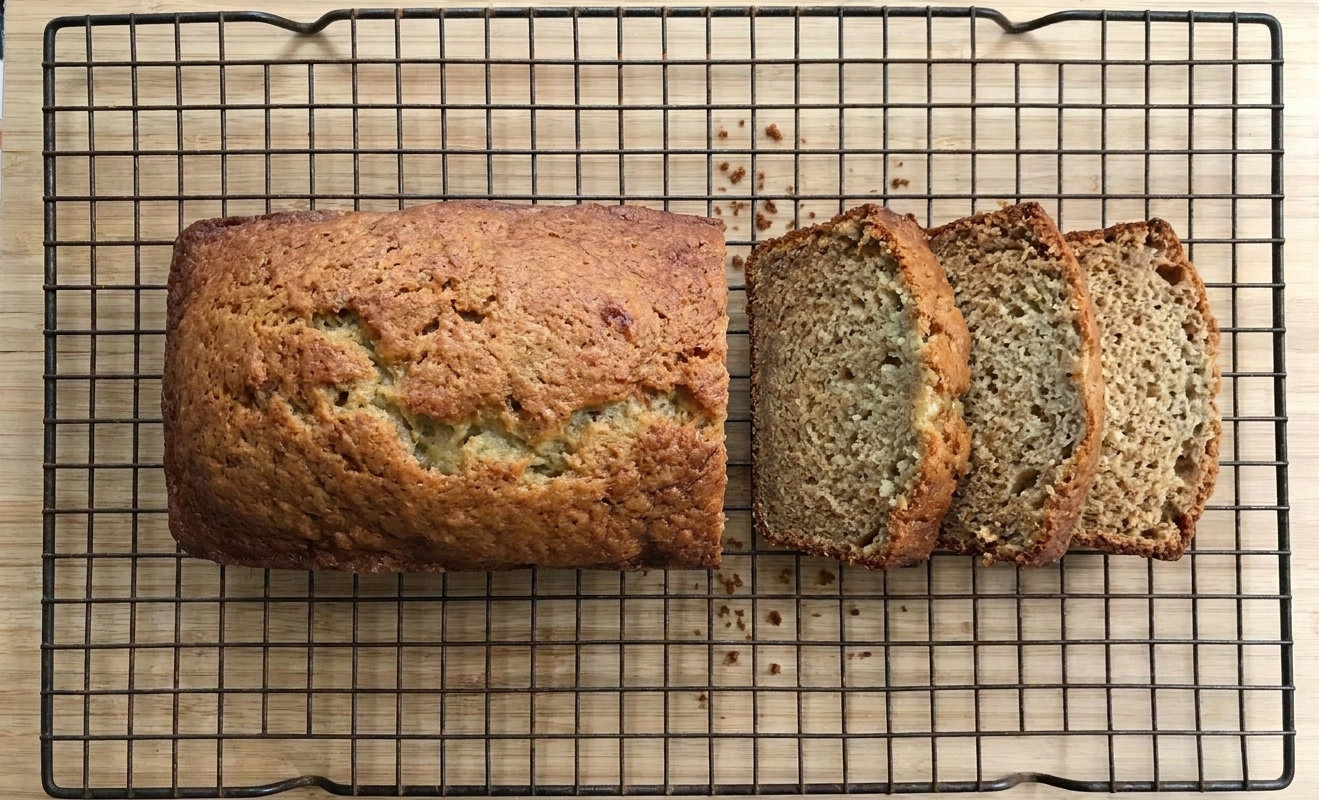Sliced banana loaf resting on a wire cooling rack with a few slices slightly separated for airflow