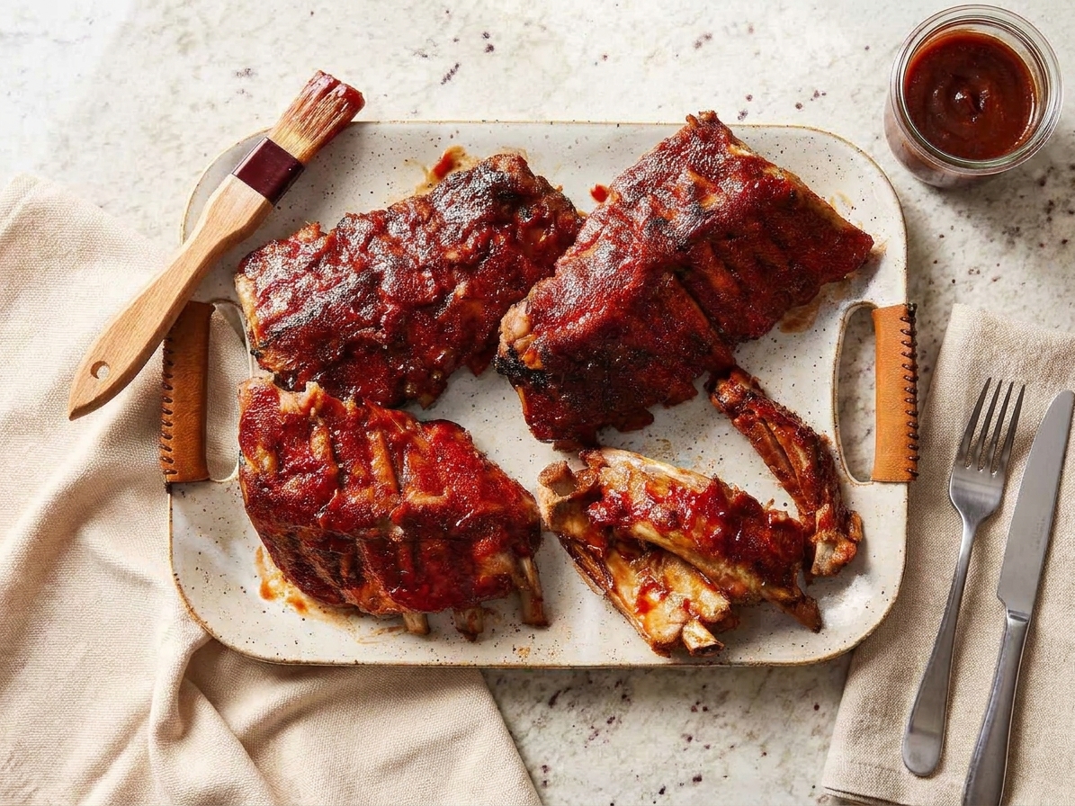 Sliced barbecue ribs arranged on a serving platter with a small bowl of sauce and a simple table setting
