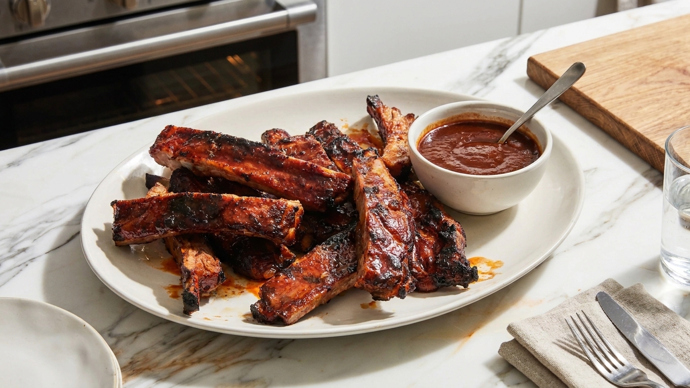 Sliced barbecue ribs piled on a serving platter with a small bowl of sauce and a simple dinner table setting in warm kitchen light