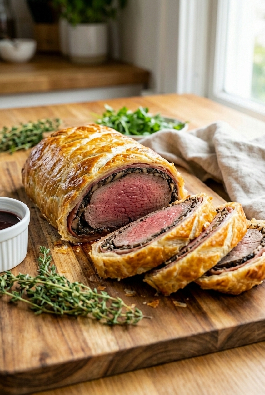 Sliced beef Wellington on a platter showing flaky puff pastry and medium-rare beef center