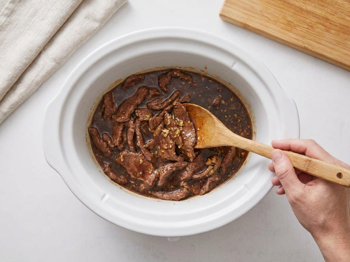 Sliced beef being stirred in a slow cooker with a dark soy garlic ginger sauce on a clean countertop