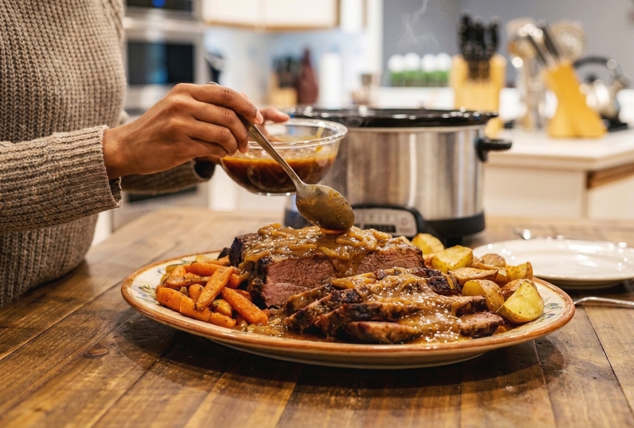 Sliced beef brisket fanned on a platter with onion gravy spooned over the top, warm dinner table lighting