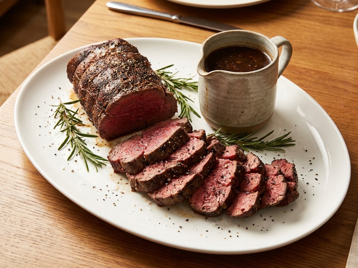 Sliced beef fillet roast arranged on a serving platter with rosemary and a small pitcher of pan sauce beside it on a dining table