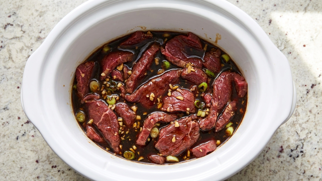 Sliced beef in a slow cooker covered with a dark soy-based sauce before cooking, sitting on a kitchen counter