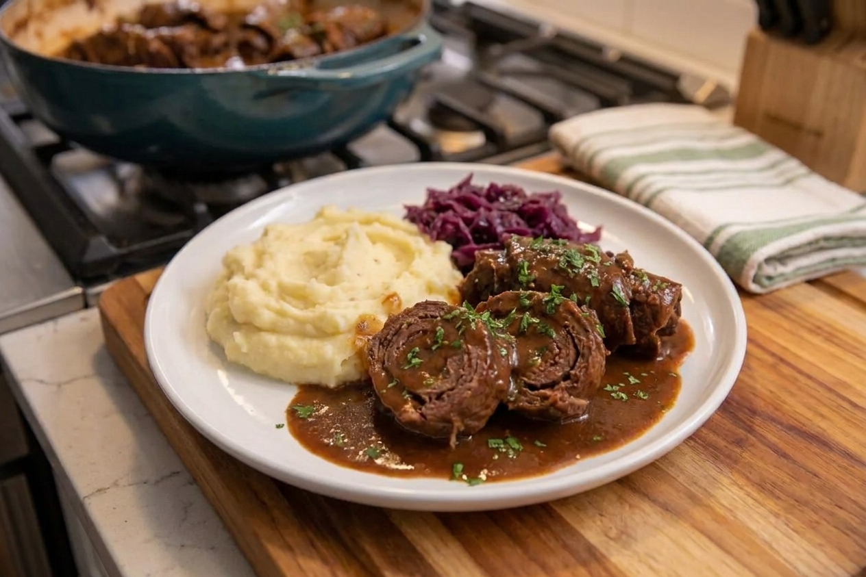 Sliced beef rouladen arranged on a white plate with brown gravy, served with mashed potatoes and a small spoonful of red cabbage on the side