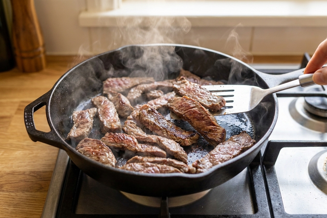 Sliced beef searing in a hot skillet with browned edges and a metal spatula nearby