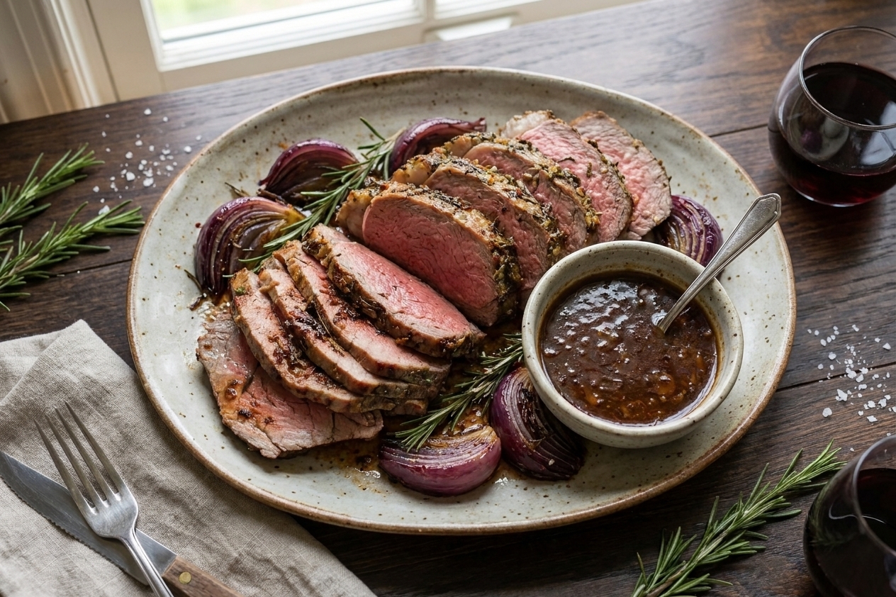 Sliced beef striploin roast arranged on a serving platter with a small bowl of pan sauce on a dinner table