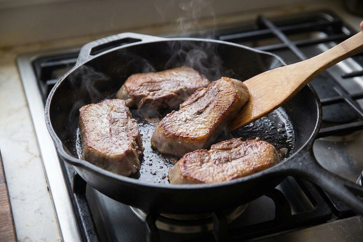 Sliced beef tongue browning in a hot cast iron skillet with crisp golden edges forming