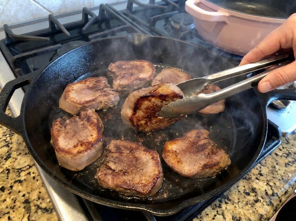 Sliced beef tongue browning in a hot cast iron skillet with crisp edges forming