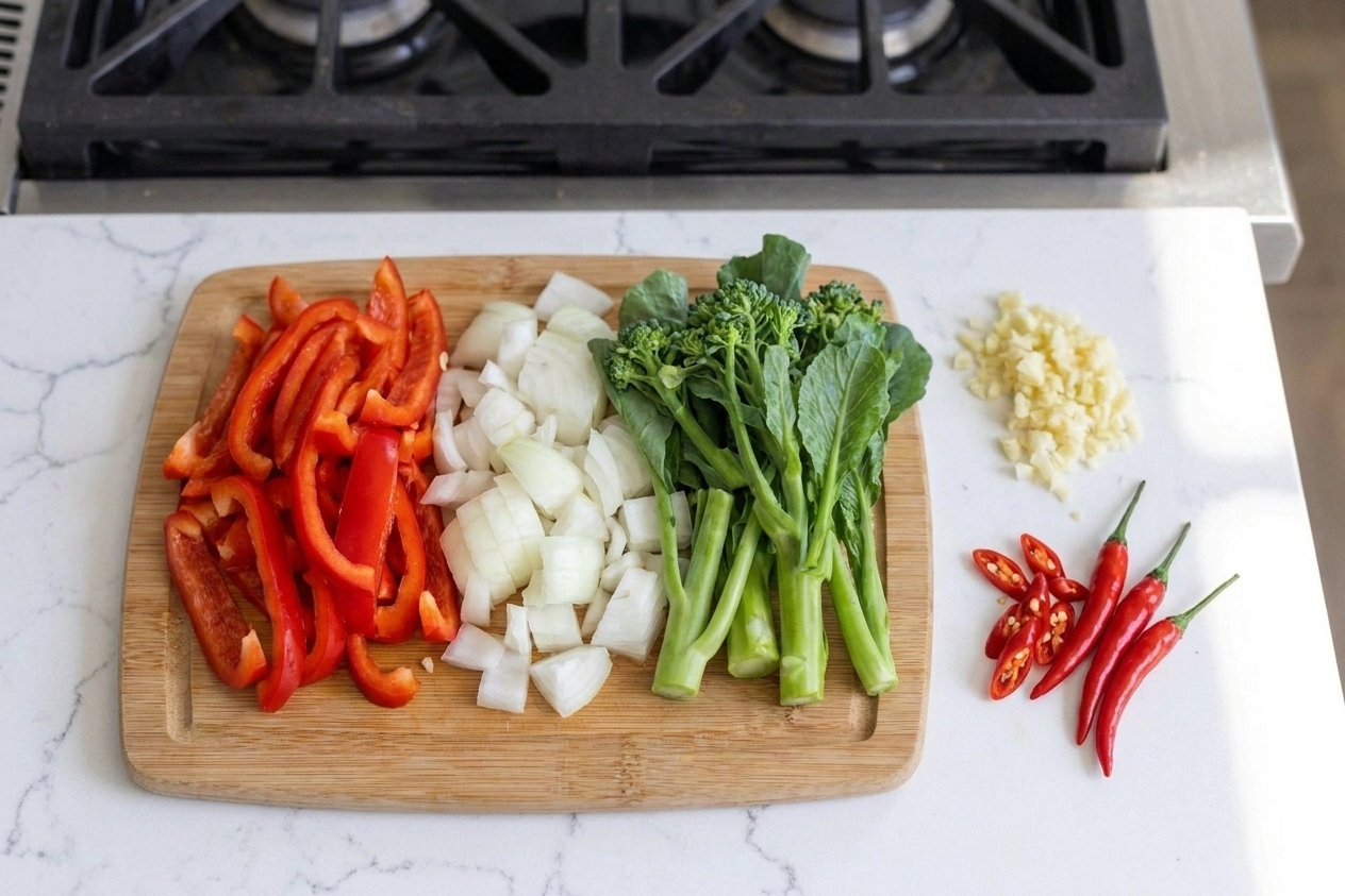 Sliced bell pepper, onion, and Chinese broccoli on a cutting board with chopped garlic and Thai chilies nearby