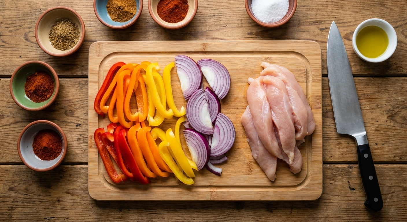 Sliced bell peppers and onions next to raw chicken strips on a cutting board, with small bowls of spices nearby in a home kitchen