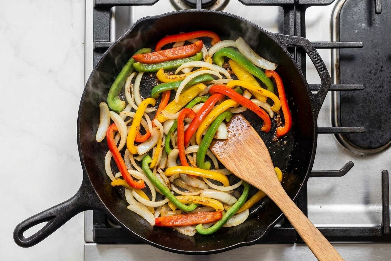 Sliced bell peppers and onions sautéing in a black skillet on a stovetop, lightly browned and glossy from oil