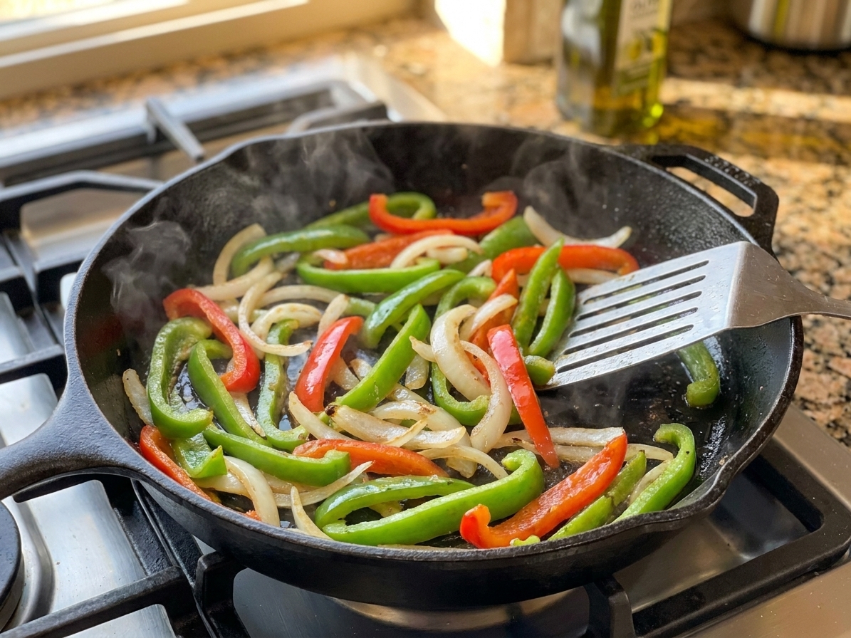 Sliced bell peppers and onions sautéing in a skillet until glossy and lightly browned on the edges