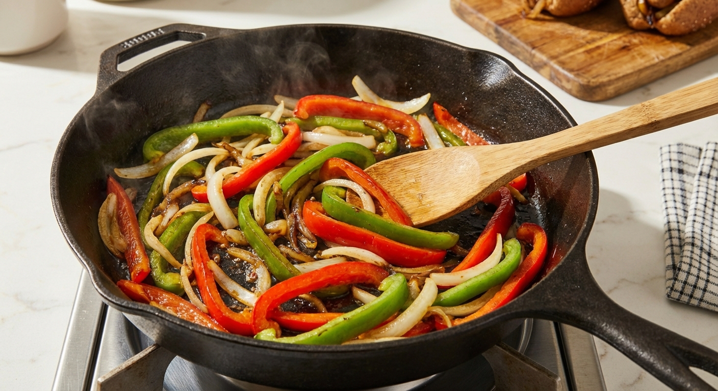 Sliced bell peppers and onions sizzling in a skillet with a wooden spoon