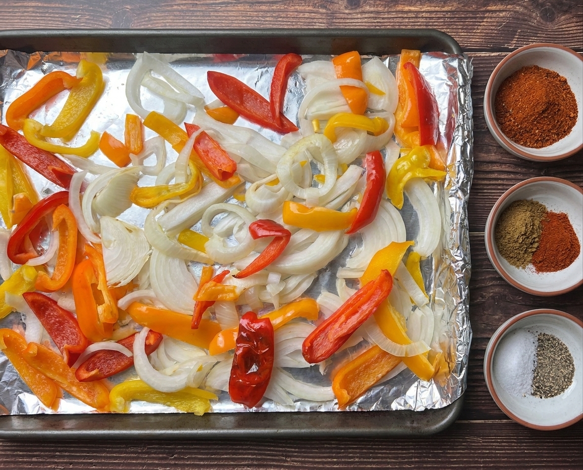 Sliced bell peppers and onions spread across a rimmed sheet pan with small bowls of spices on the side on a kitchen counter