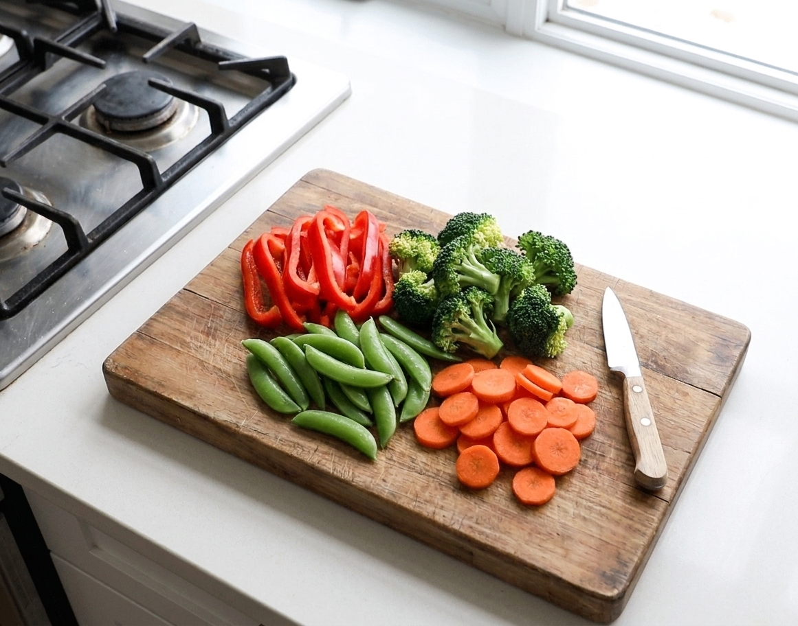 Sliced bell peppers, broccoli florets, snap peas, and carrots arranged on a wooden cutting board on a bright kitchen counter, ready to cook