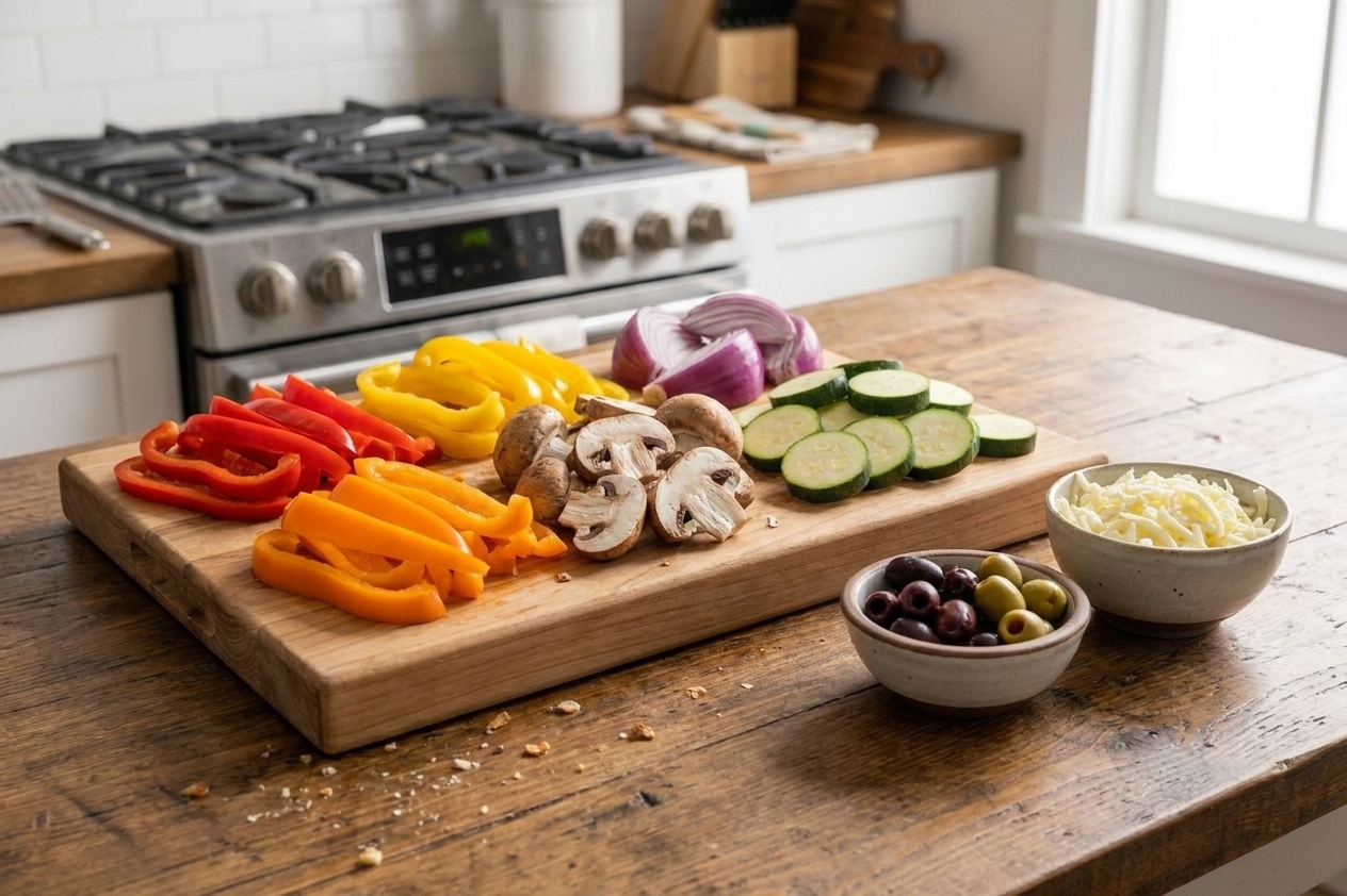 Sliced bell peppers, mushrooms, red onion, and zucchini arranged on a cutting board beside bowls of olives and shredded mozzarella on a kitchen counter