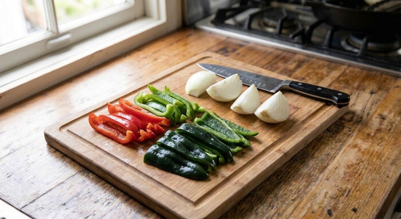 Sliced bell peppers, poblano pepper strips, and white onion on a cutting board with a chef's knife on a kitchen counter