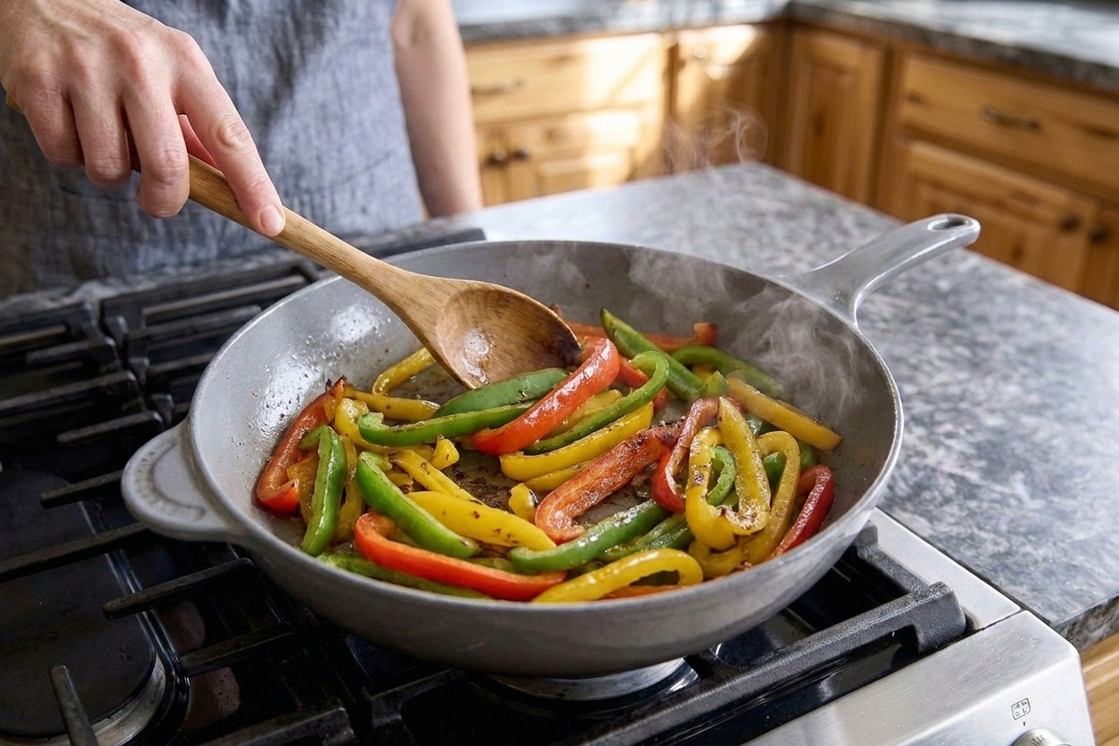 Sliced bell peppers sautéing in a skillet on a stovetop, lightly blistered at the edges