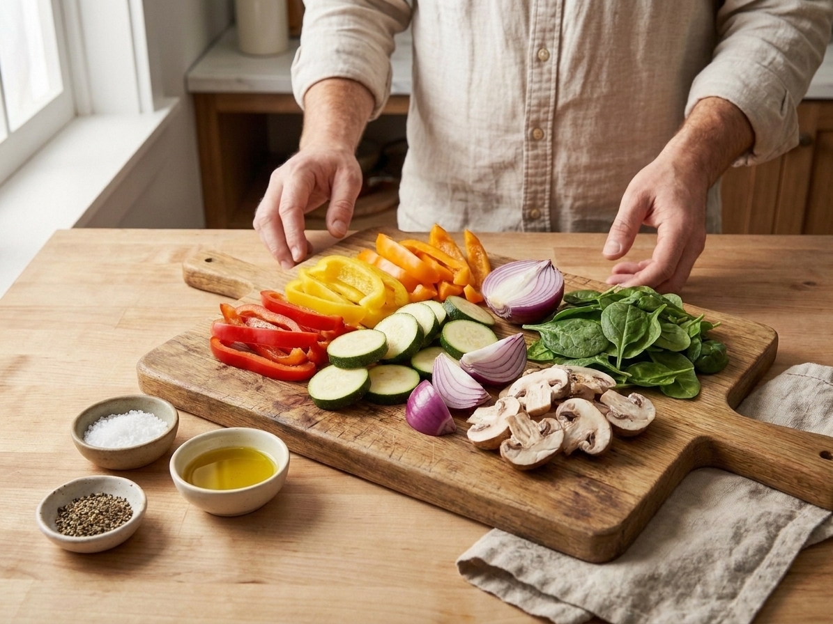 Sliced bell peppers, zucchini rounds, red onion wedges, mushrooms, and spinach arranged on a wooden cutting board beside small bowls of salt, pepper, and olive oil on a bright kitchen counter