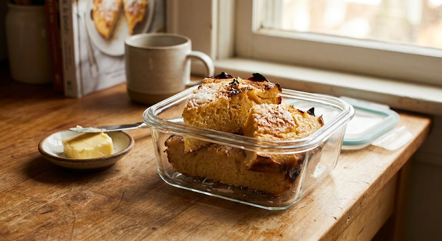 Sliced bibingka pieces stored in an airtight container on a kitchen counter with a small dish of butter nearby