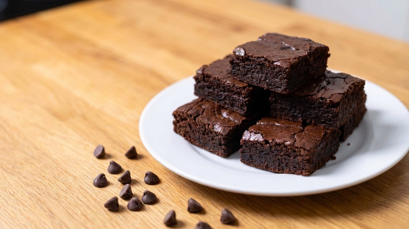 Sliced black bean brownies stacked on a ceramic plate with a few chocolate chips scattered nearby on a wooden table