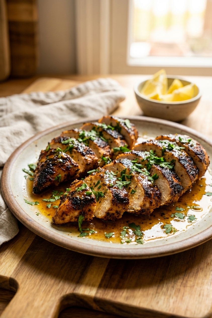 Sliced blackened chicken breast on a plate with a glossy lemon-garlic Cajun butter drizzle and chopped parsley, shallow depth of field, real food photography