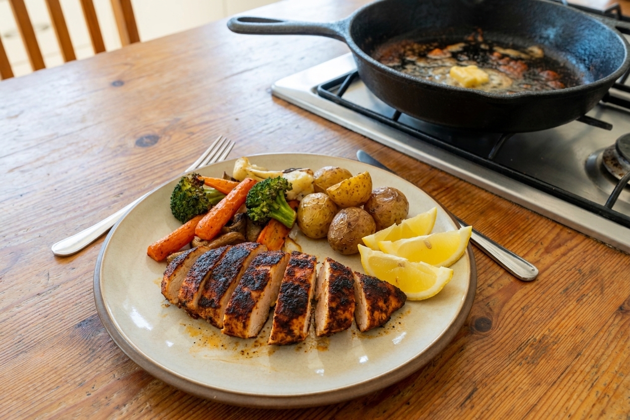Sliced blackened chicken breast on a plate with roasted vegetables and lemon wedges on a dinner table