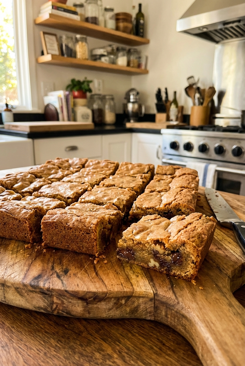 Sliced blondie squares with golden tops and chewy centers on a wooden cutting board