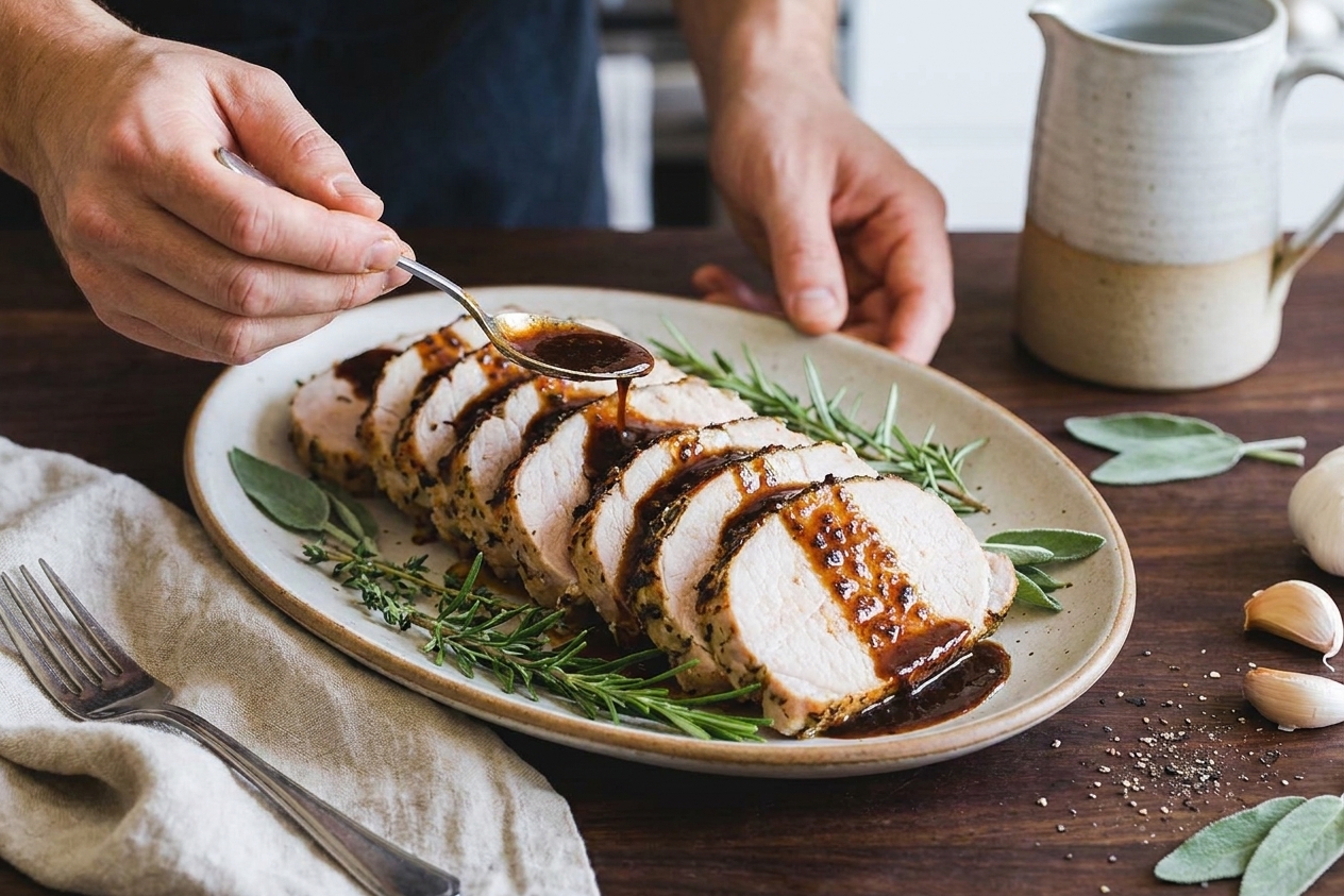 Sliced boneless pork loin arranged on a serving platter with pan sauce spooned over the top and fresh herbs scattered around on a dining table