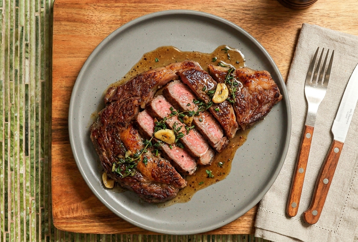 Sliced boneless steak fanned on a plate with glossy pan sauce spooned over the top, set on a simple dinner table
