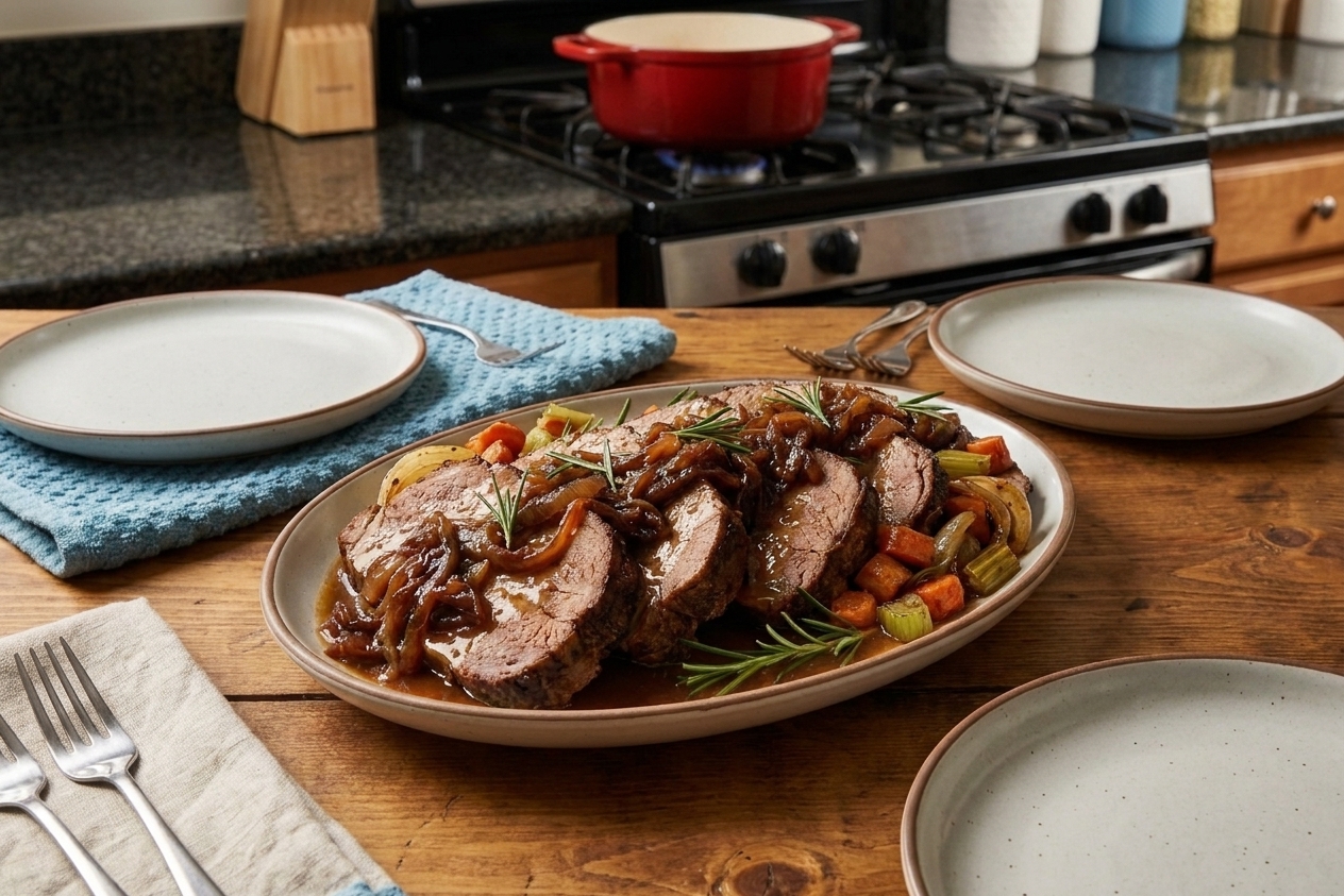Sliced bottom round roast on a serving platter with ladled brown gravy and roasted vegetables, ready to serve on a dinner table