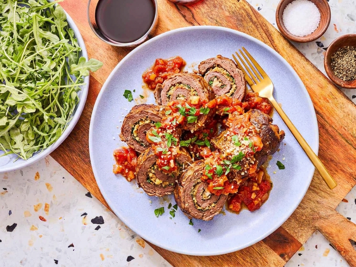 Sliced braciole fanned on a plate with tomato sauce and a sprinkle of parsley