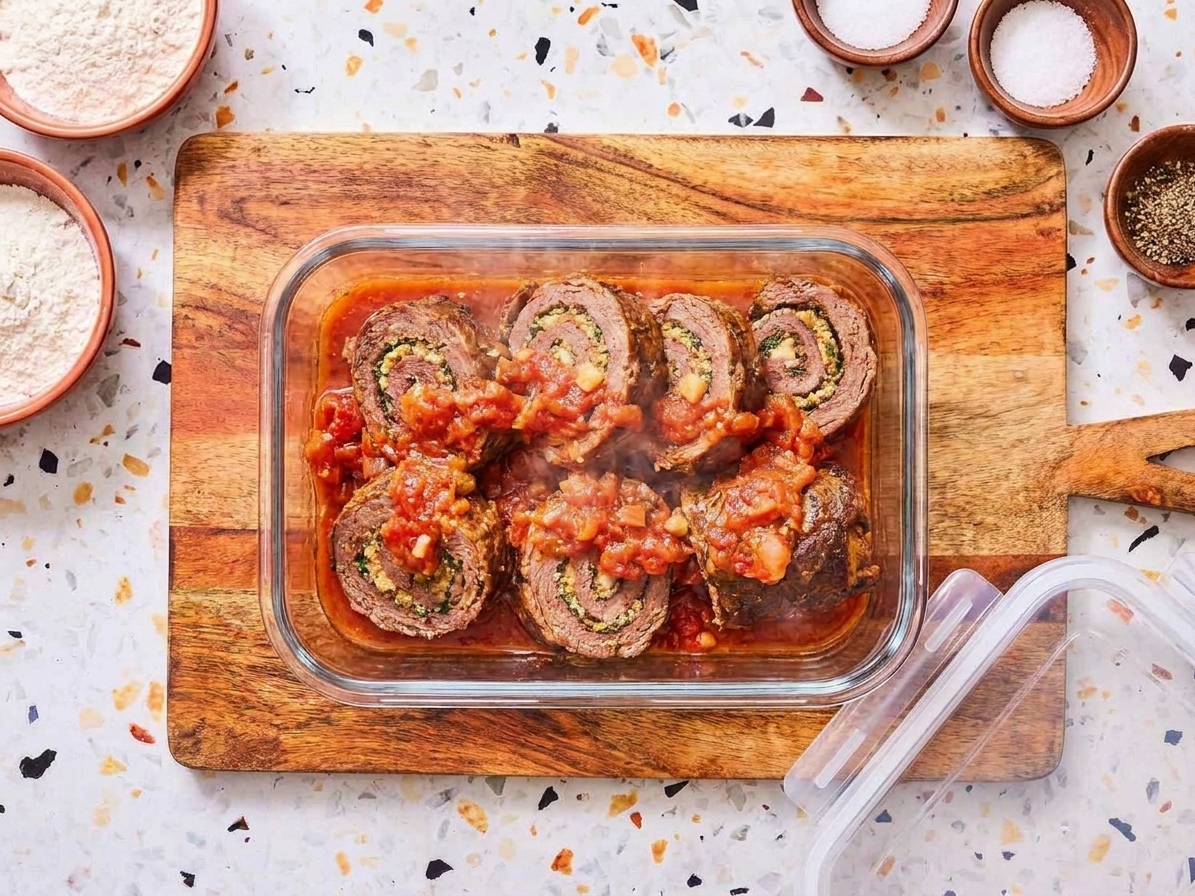 Sliced braciole stored in a glass container, covered with tomato sauce and ready for reheating