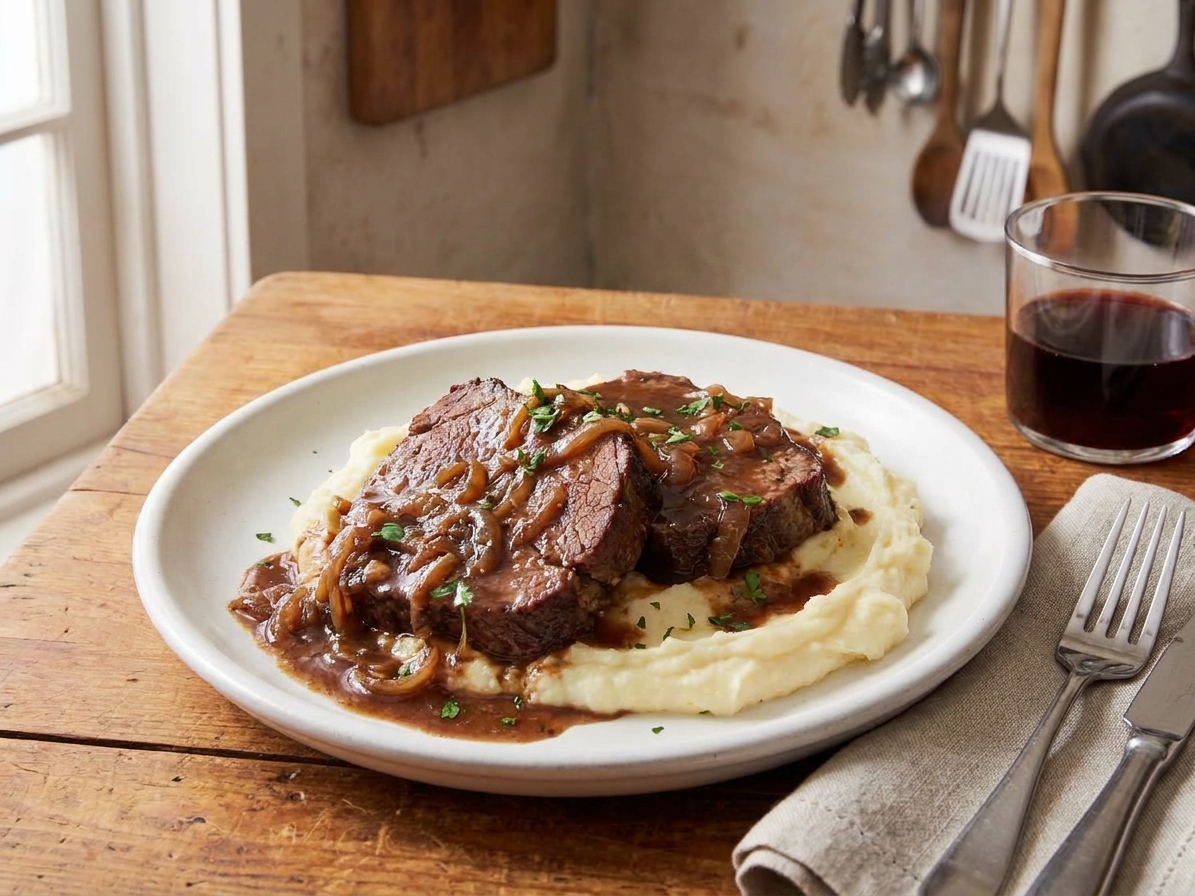 Sliced braised beef served over mashed potatoes with onion gravy on a white plate at a dinner table