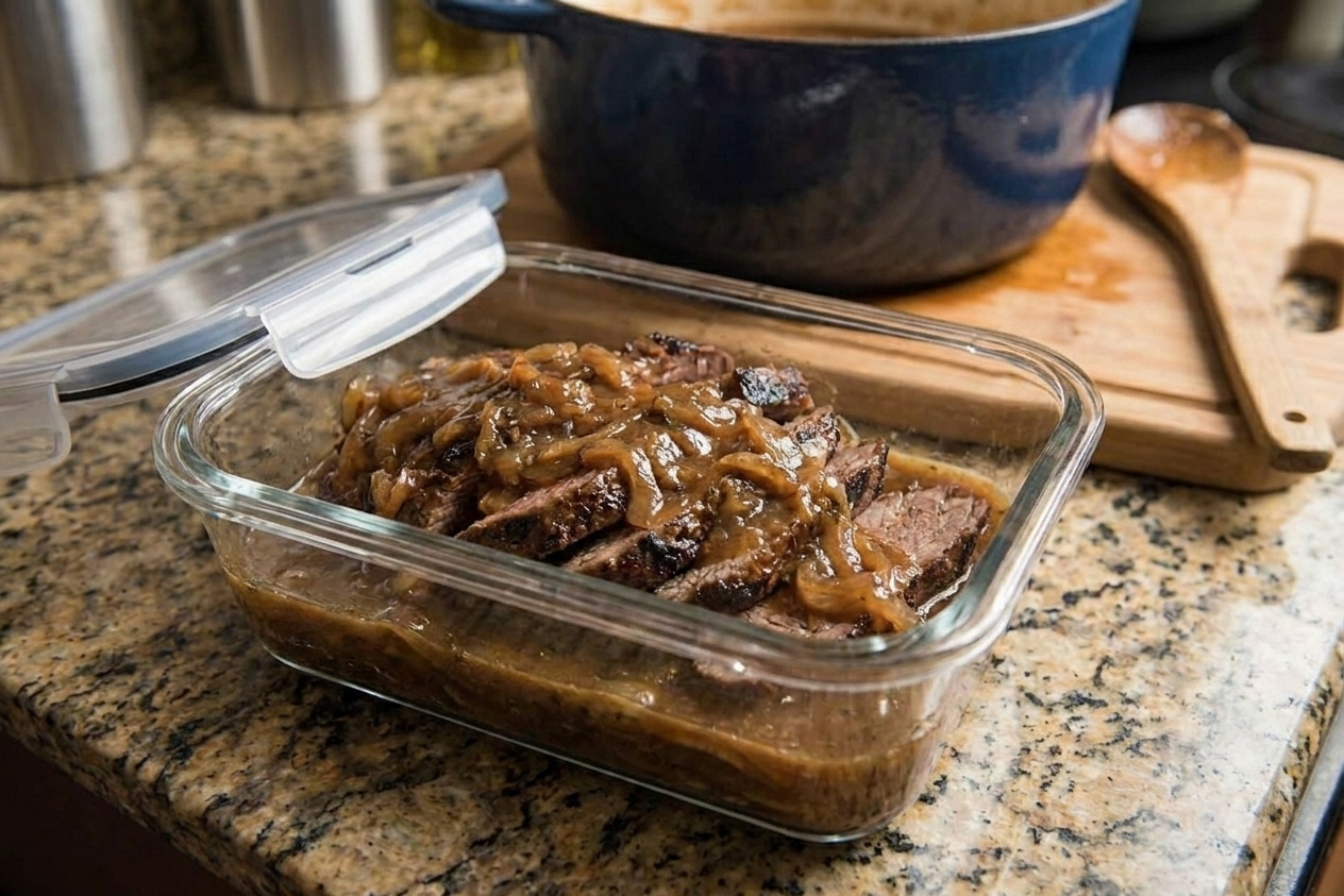 Sliced braised beef stored in a glass container with onion gravy, resting on a kitchen counter