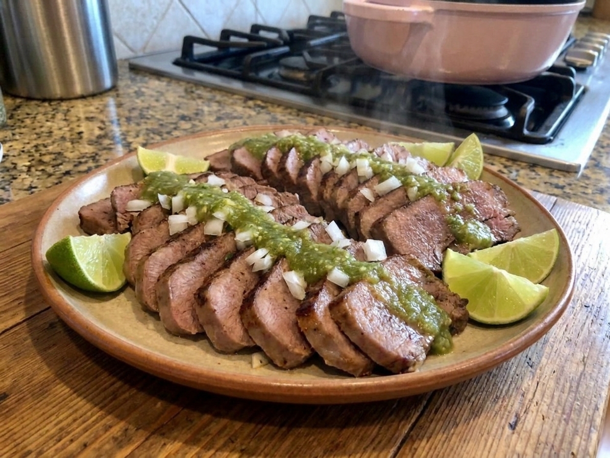 Sliced braised beef tongue fanned on a warm platter with salsa verde, lime wedges, and chopped onions on a wooden table