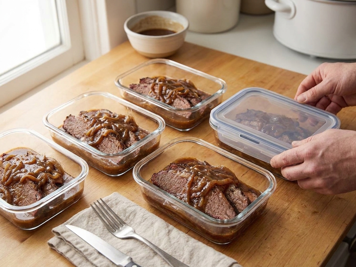 Sliced brisket and onion gravy portioned into clear meal prep containers on a kitchen counter