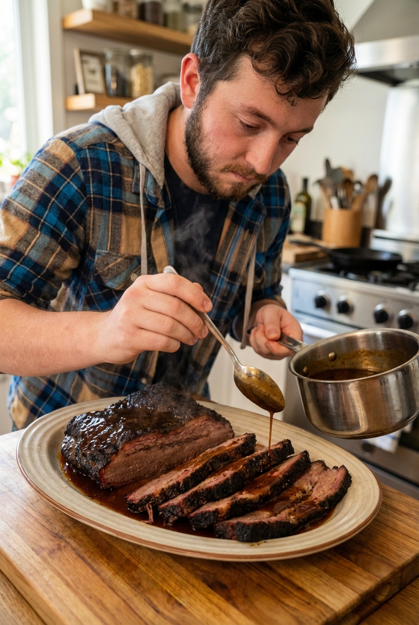 Sliced brisket arranged on a platter with pan sauce being spooned over the top