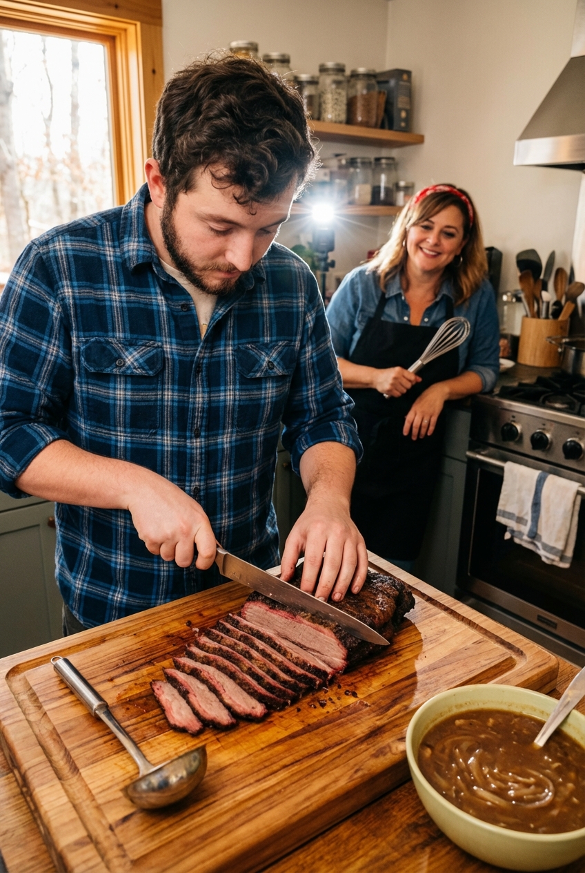 Sliced brisket being cut against the grain on a wooden cutting board with onion gravy nearby