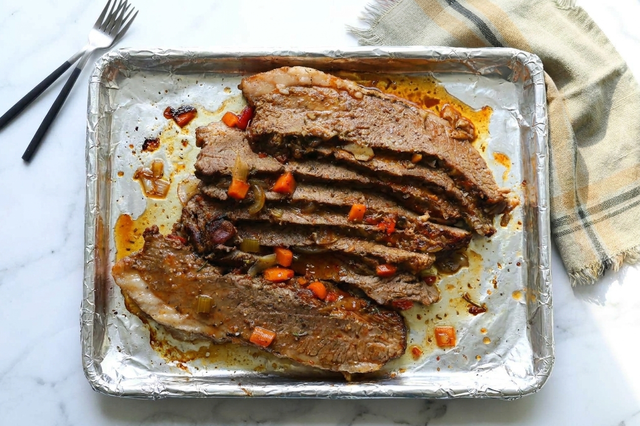 Sliced brisket on a foil-lined sheet pan under kitchen lighting, edges slightly caramelized after a quick broil