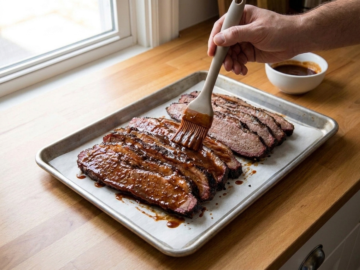 Sliced brisket on a sheet pan being brushed with sauce before broiling for caramelized edges