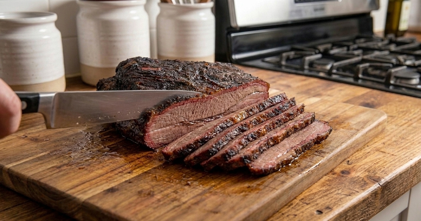 Sliced brisket on a wooden cutting board with a knife mid-slice and visible grain lines