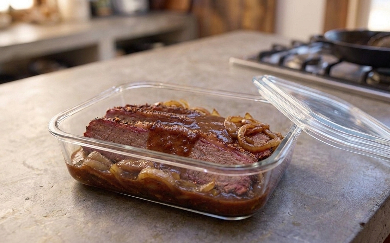 Sliced brisket stored in a glass container with sauce and onions, lid set beside it on a kitchen counter