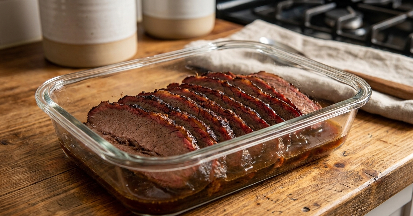 Sliced brisket stored in a glass meal prep container with a little cooking juice at the bottom on a kitchen counter