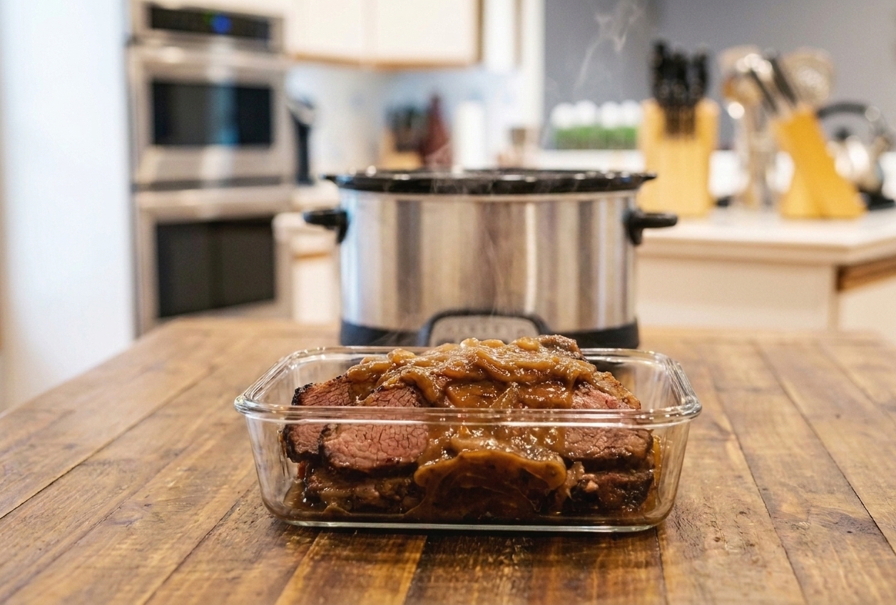Sliced brisket stored in a glass meal prep container covered with sauce, sitting on a kitchen counter