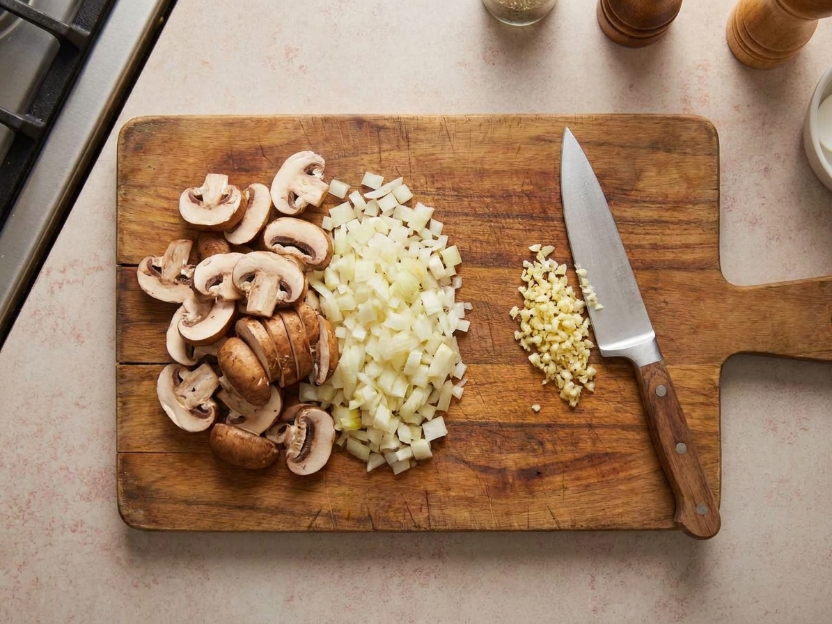 Sliced brown mushrooms, diced yellow onion, and minced garlic arranged on a cutting board next to a chef's knife on a home kitchen counter