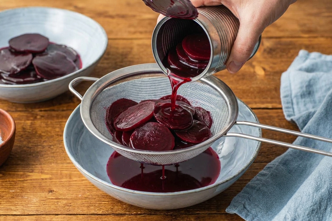 Sliced canned beets being poured into a fine mesh strainer over a bowl to catch the deep red beet liquid on a kitchen counter