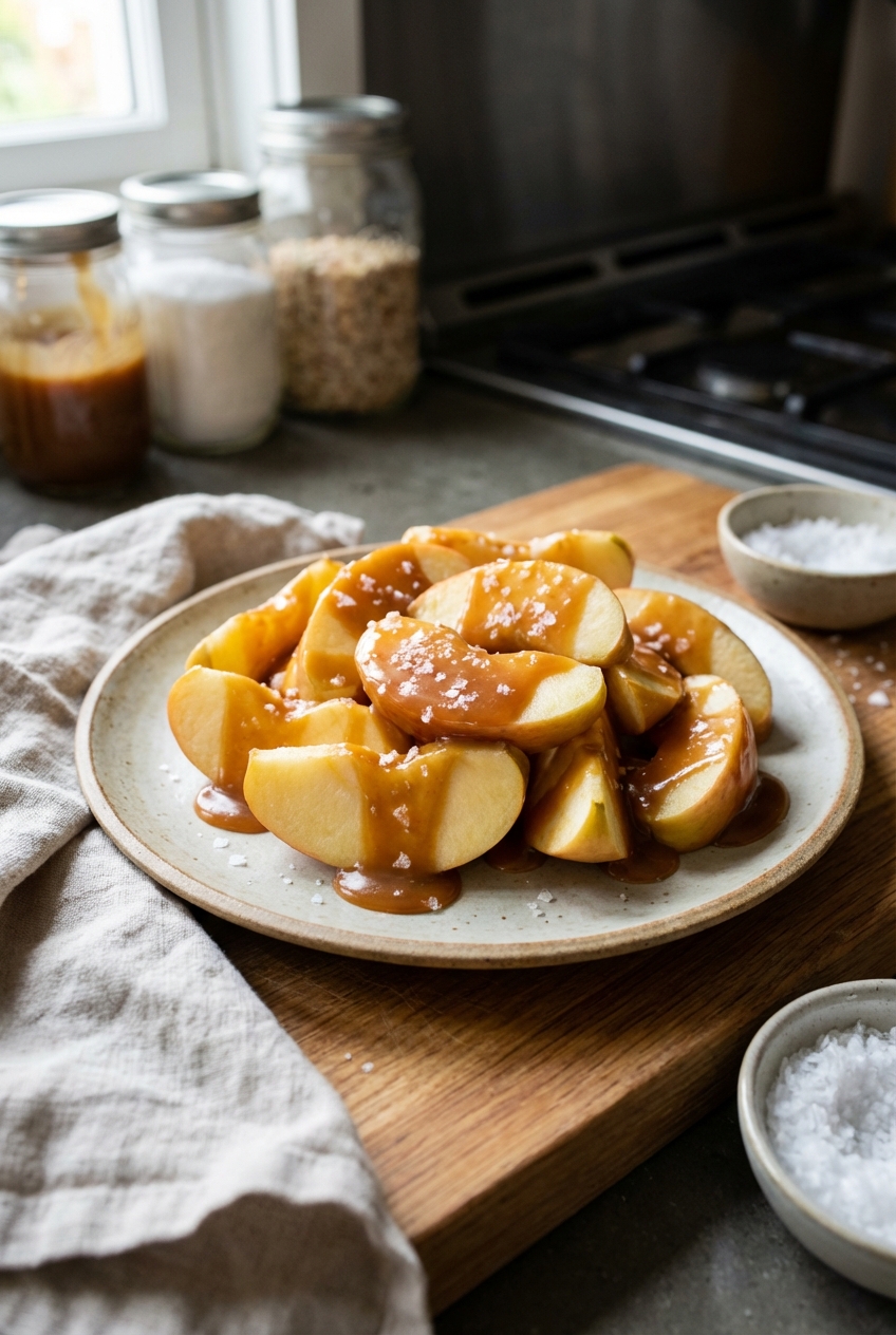 Sliced caramel apple wedges arranged on a plate with flaky salt