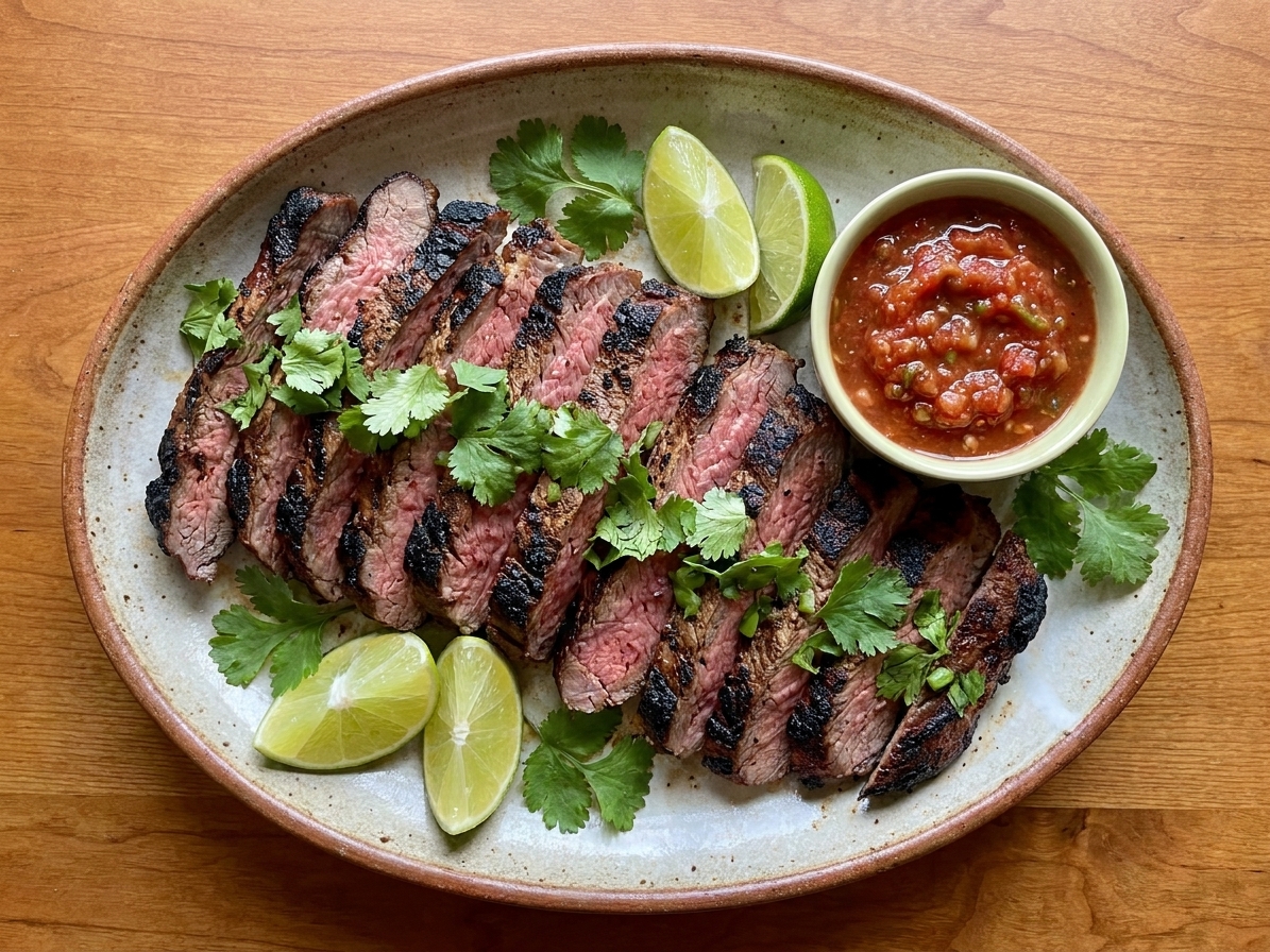Sliced carne asada steak on a warm platter with charred edges, lime wedges, cilantro, and a small bowl of salsa on a wooden table